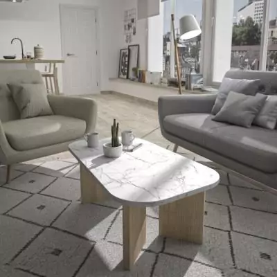 Table basse ovale QUARTZ - Blanc effet marbre - Pieds en chêne massif - 105 x 58 x 39 cm