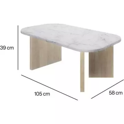 Table basse ovale QUARTZ - Blanc effet marbre - Pieds en chêne massif - 105 x 58 x 39 cm