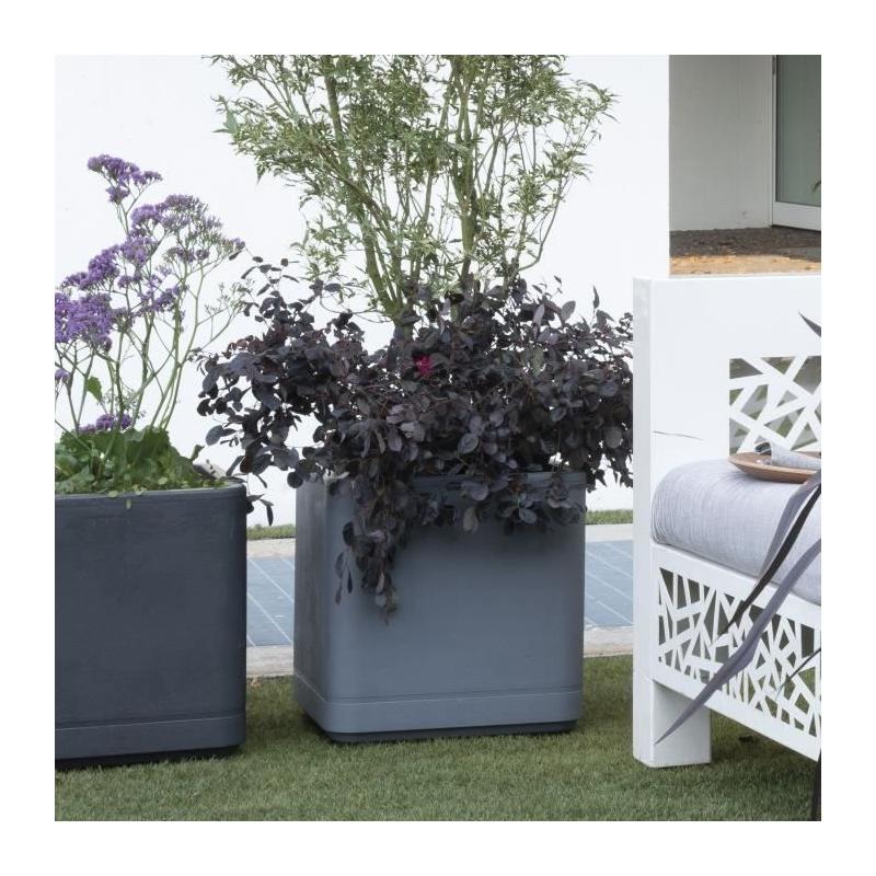 Pot de fleur Cube DEROMA Cosmo 38 cm - Gris cendré - Réservoir d'eau - Roulettes
