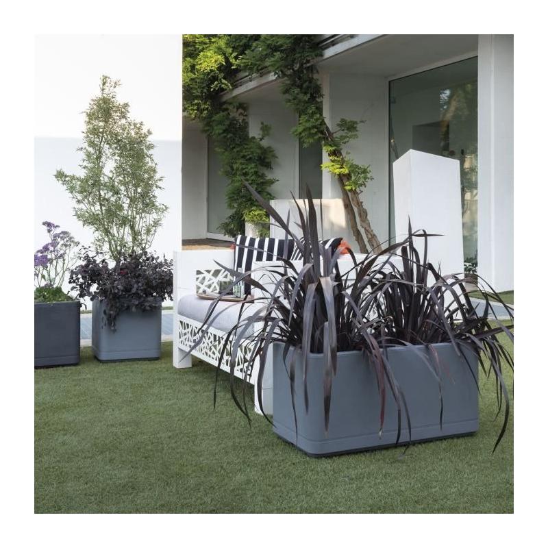 Pot de fleur Cube DEROMA Cosmo 38 cm - Gris cendré - Réservoir d'eau - Roulettes