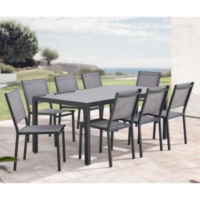 Ensemble repas de jardin : Table 180cm + 8 chaises - Aluminium & verre trempé - Gris