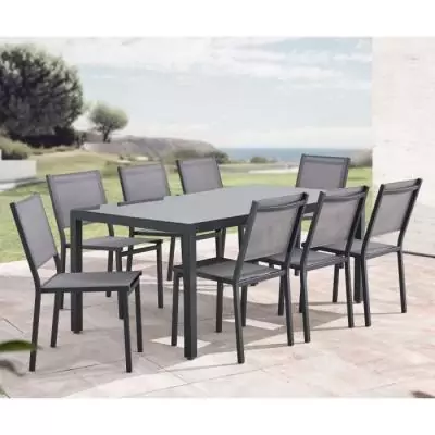 Ensemble repas de jardin : Table 180cm + 8 chaises - Aluminium & verre trempé - Gris