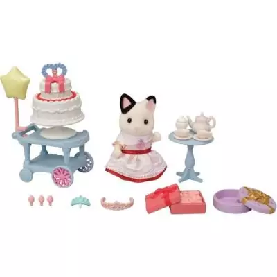 Figurine miniature SYLVANIAN FAMILIES - La fille Chat bicolore et son goûter d'anniversaire