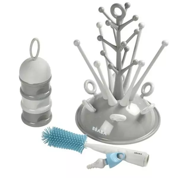 BEABA, Coffret naissance, Egoutte biberon arbre grey + Boite doseuses light/dark mist + Goupillon silicone + Bavoir coton tropic