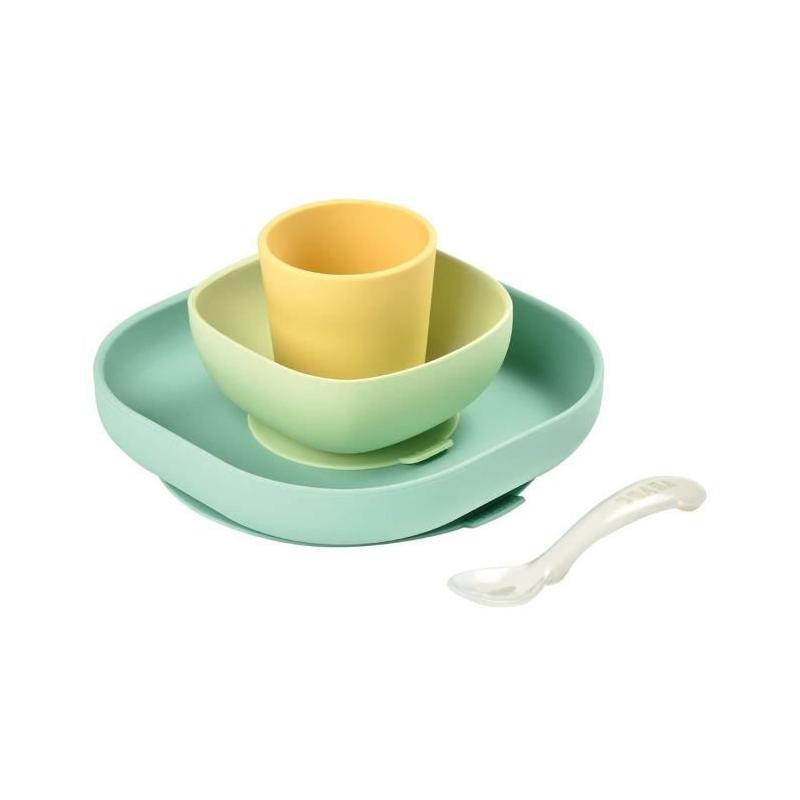 Ensemble repas bébé BEABA silicone jaune, 4 pièces