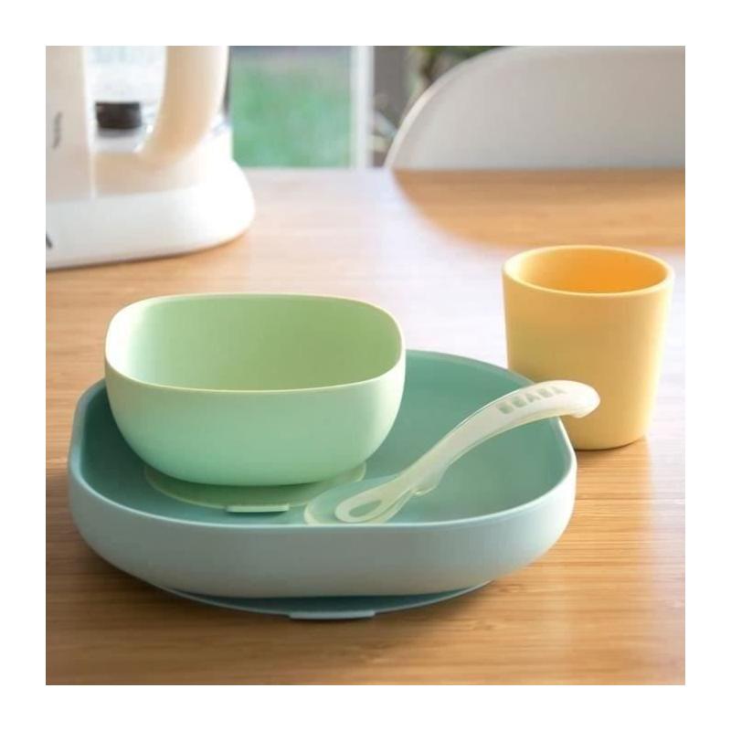 Ensemble repas bébé BEABA silicone jaune, 4 pièces