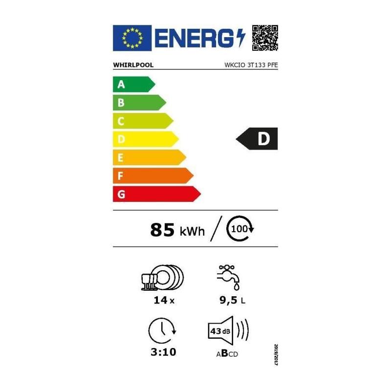 Lave-vaisselle tout encastrable WHIRLPOOL WKCIO3T133PFE 6eme Sens - 14 couverts - Induction - 43 dB