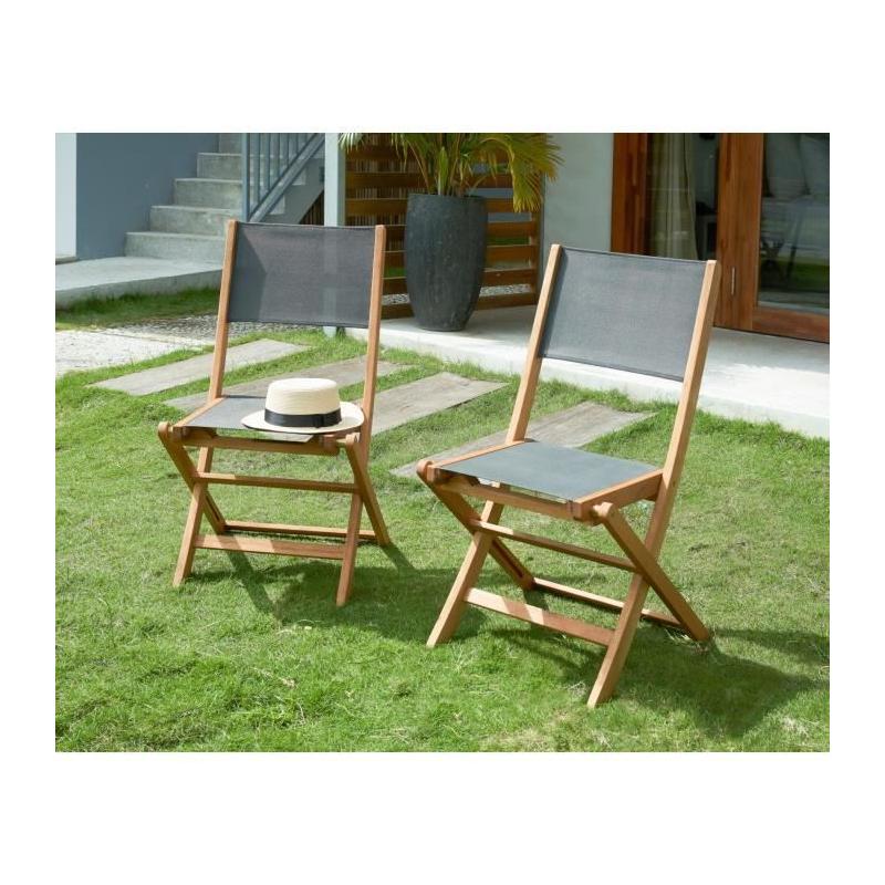 Lot de 4 chaises de jardin en bois d'acacia FSC et assise textilene - Gris