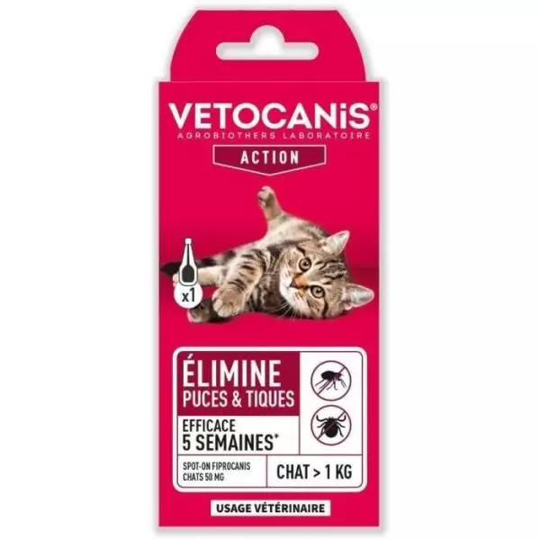 VETOCANIS Pipette Spot on Fipronil, Anti puces et Anti-Tiques - Pour Chat
