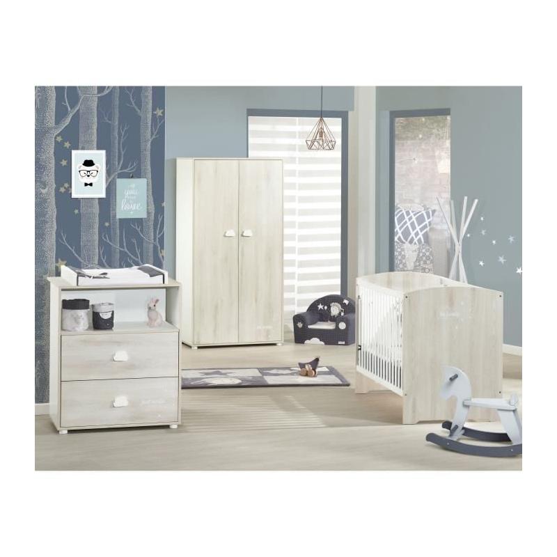 Chambre bébé complète - Lit 120x60, commode et armoire - BABY PRICE - SMILE - Hetre cendré