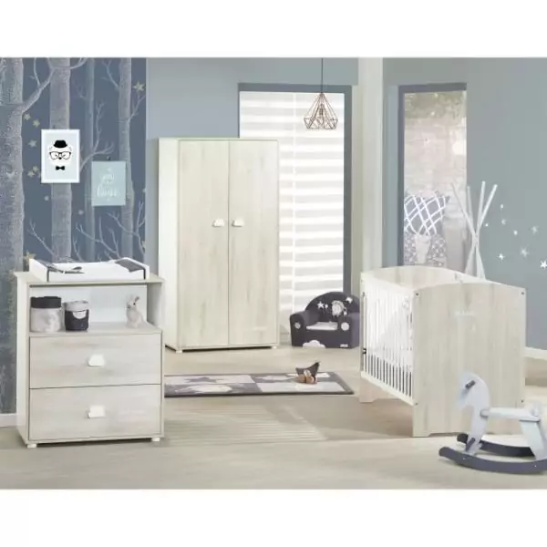 Chambre bébé complete - Lit 120x60, commode a langer et armoire - BABY PRICE - SMILE - Hetre cendré