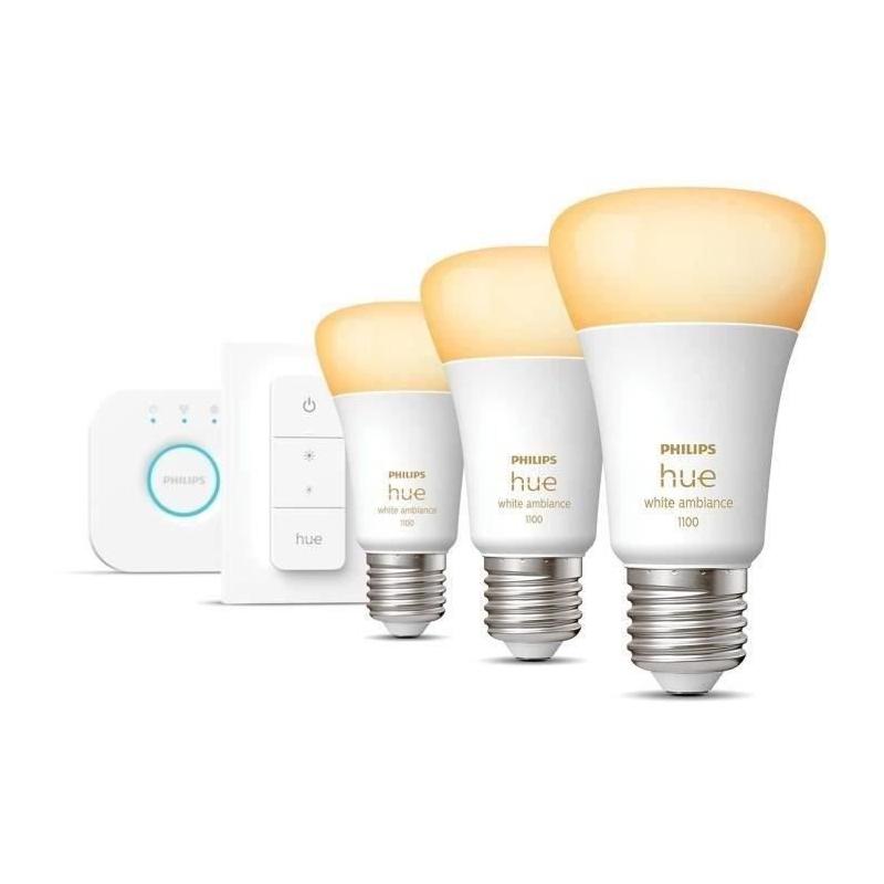 Kit Philips Hue White Ambiance E27 x3 avec télécommande - Ampoule LED connectée