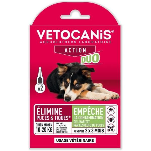 VETOCANIS Anti-puces et anti-tiques Duo Spot on - 2 pipettes - Efficacité 7 semaines - Pour moyen chien