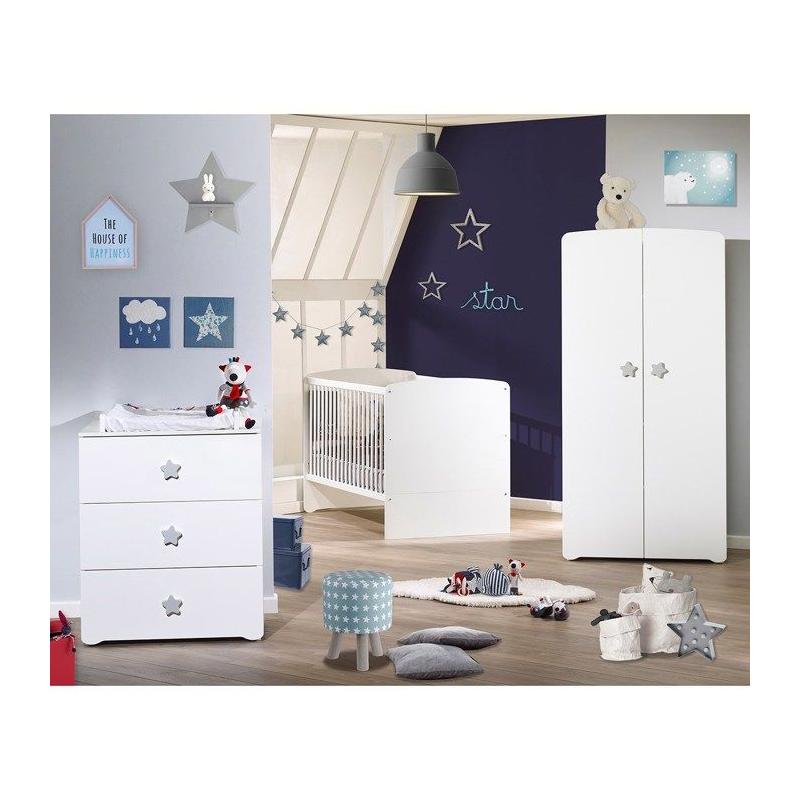 Commode à langer Babyprice Basic - Blanche - 3 tiroirs - Boutons étoiles - Compact