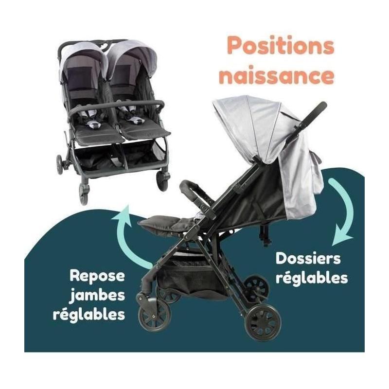 Poussette Double Compacte pour Jumeaux - Bambisol DS209 GRIS NOIR