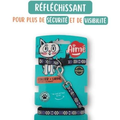 Ensemble collier et laisse réfléchissant violet pour chat - AIMÉ