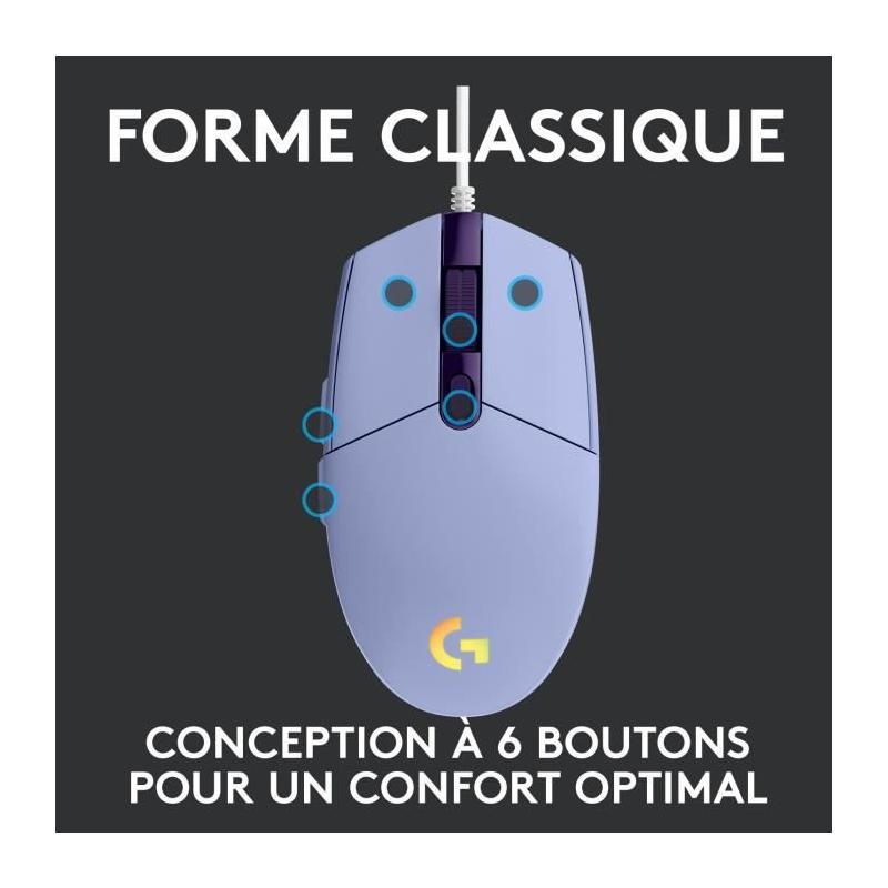 Souris gamer Logitech G203 Lightsync RGB Lilas - USB