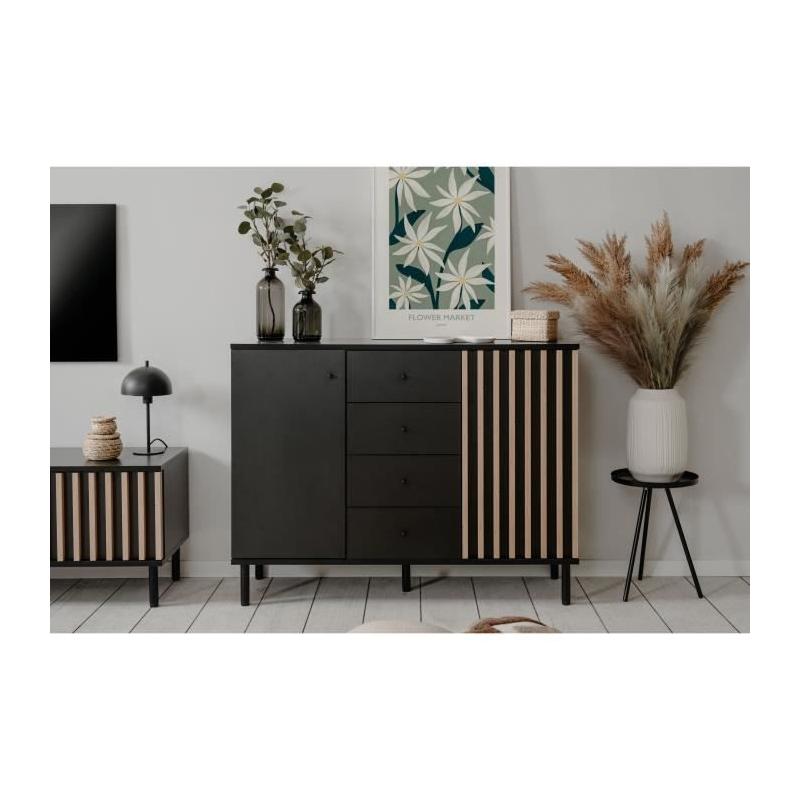 Buffet MONZA 01B Noir/Chene artisan - 2 portes - 4 tiroirs - 118x90x40 cm