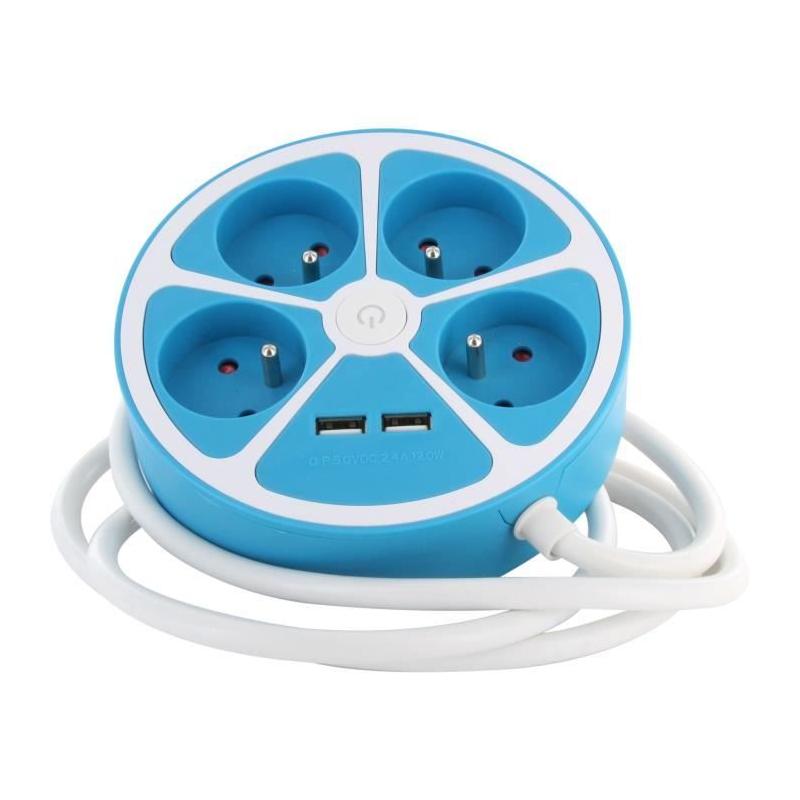 Multiprise circulaire design CHACON - 4X16 A - Cordon 1,5m - 2 USB-A + Interrupteur - Bleu