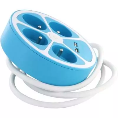 Multiprise circulaire design CHACON - 4X16 A - Cordon 1,5m - 2 USB-A + Interrupteur - Bleu