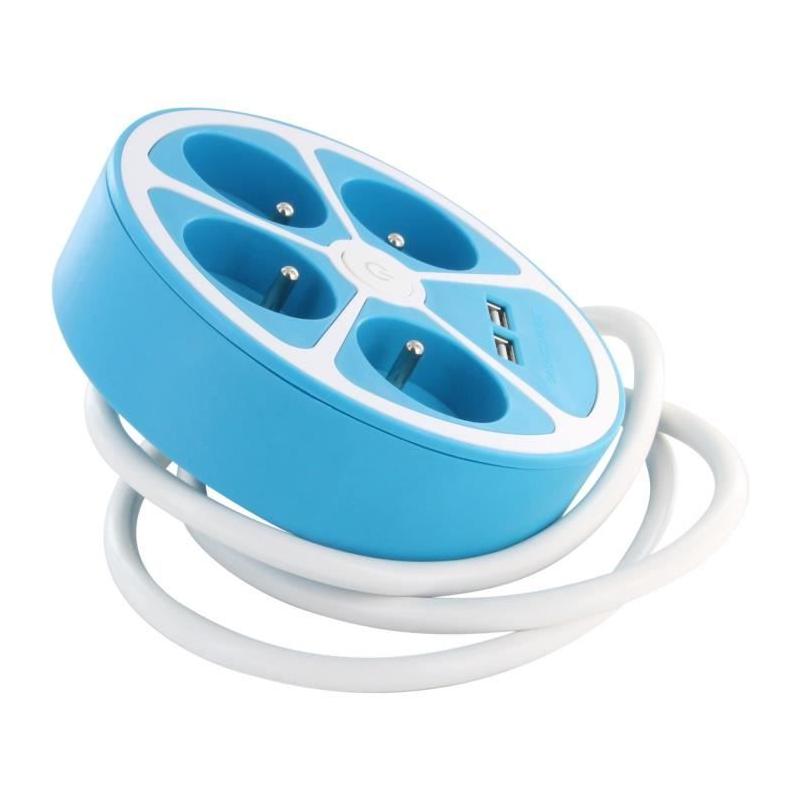 Multiprise circulaire design CHACON - 4X16 A - Cordon 1,5m - 2 USB-A + Interrupteur - Bleu
