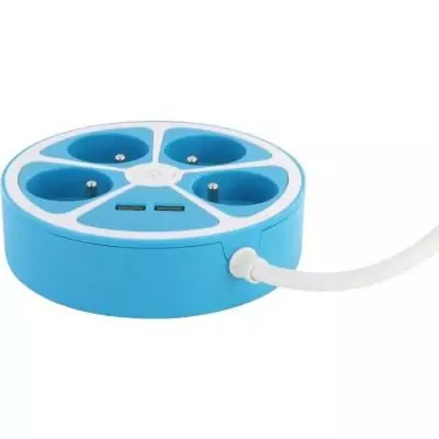 Multiprise circulaire design CHACON - 4X16 A - Cordon 1,5m - 2 USB-A + Interrupteur - Bleu