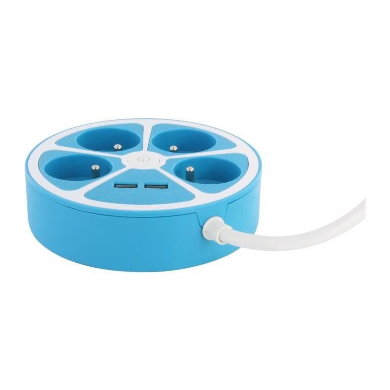 Multiprise circulaire design CHACON - 4X16 A - Cordon 1,5m - 2 USB-A + Interrupteur - Bleu