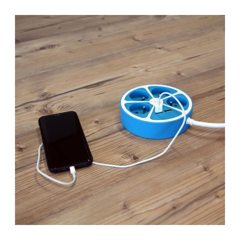 Multiprise circulaire design CHACON - 4X16 A - Cordon 1,5m - 2 USB-A + Interrupteur - Bleu