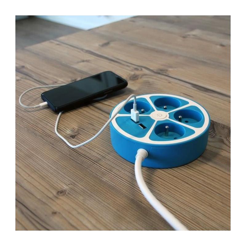 Multiprise circulaire design CHACON - 4X16 A - Cordon 1,5m - 2 USB-A + Interrupteur - Bleu