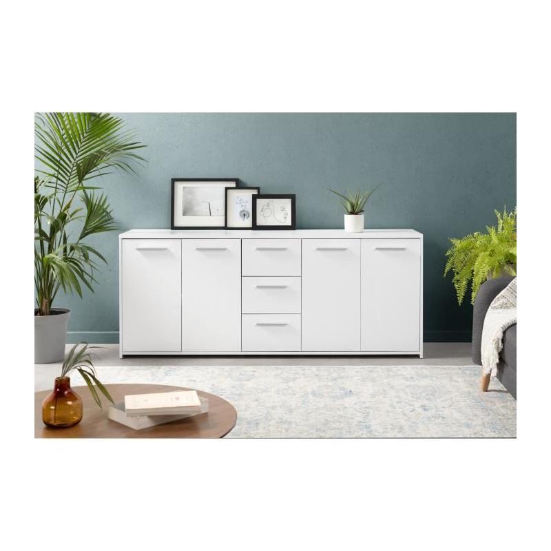 Buffet 4 portes 3 tiroirs blanc mat - Design épuré - Bois certifié FSC