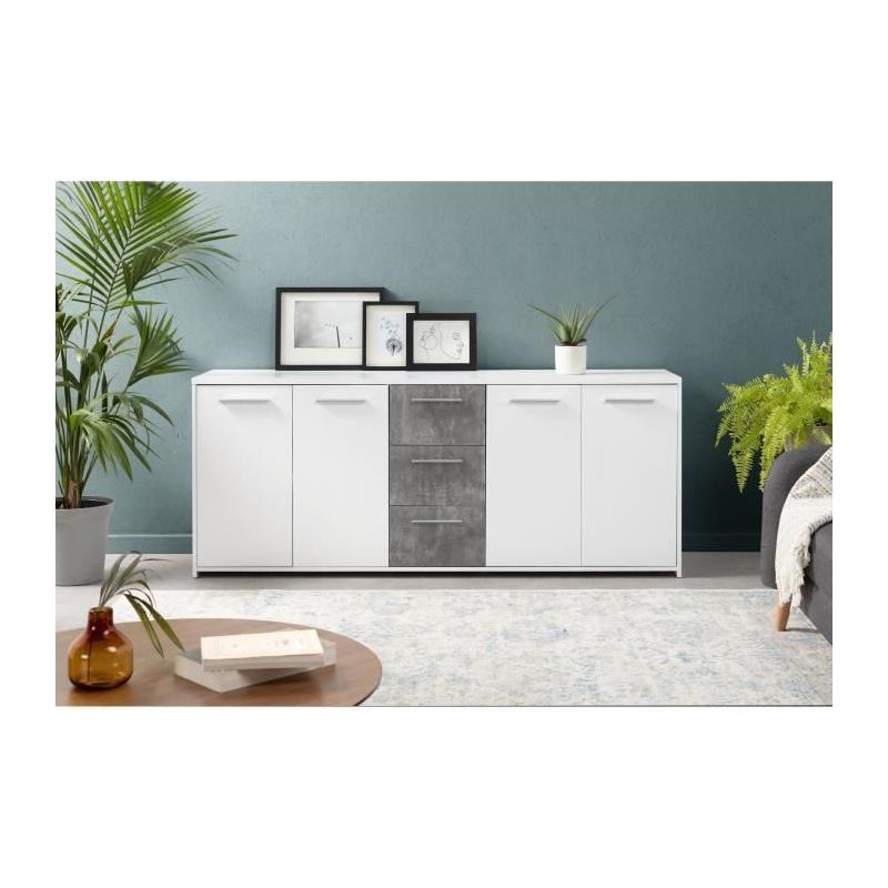 Buffet moderne 4 portes + 3 tiroirs - Blanc/Gris béton - Certification FSC - 179x42x74,5 cm