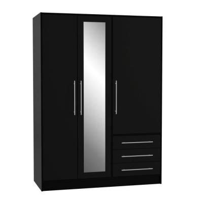 Armoire 3 portes battantes avec miroir + 3 tiroirs - Noir - JUPITER