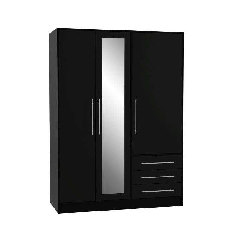 Armoire 3 portes battantes avec miroir + 3 tiroirs - Noir - JUPITER