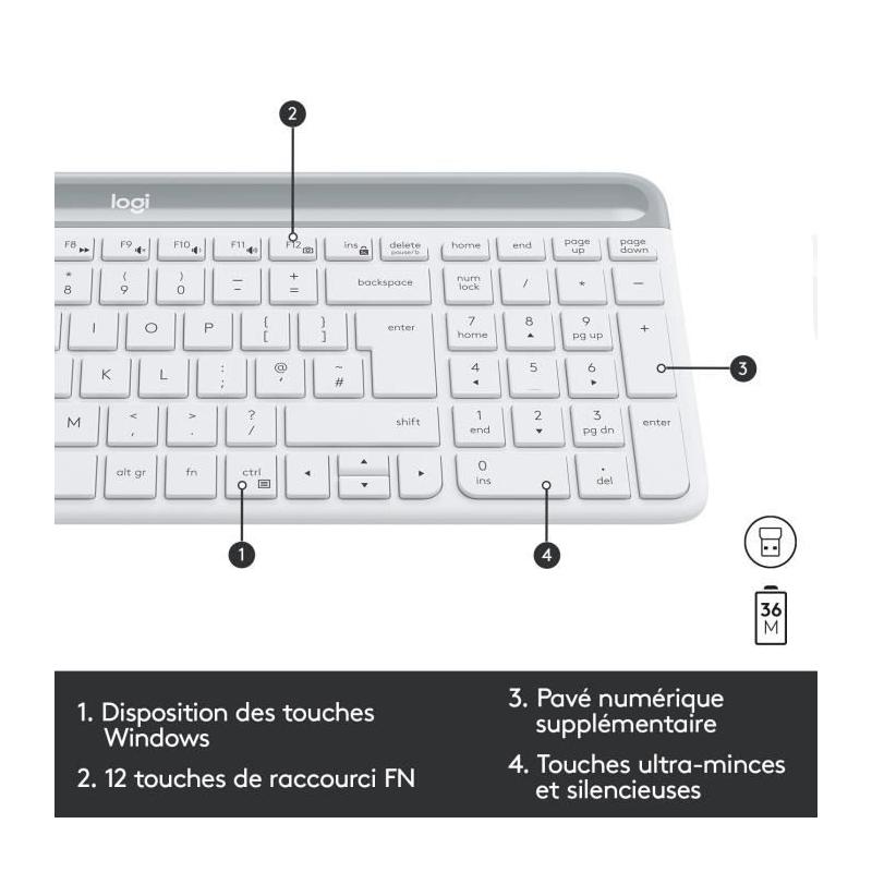 Ensemble Clavier Souris Logitech MK470 Slim Blanc - Sans fil et Silencieux