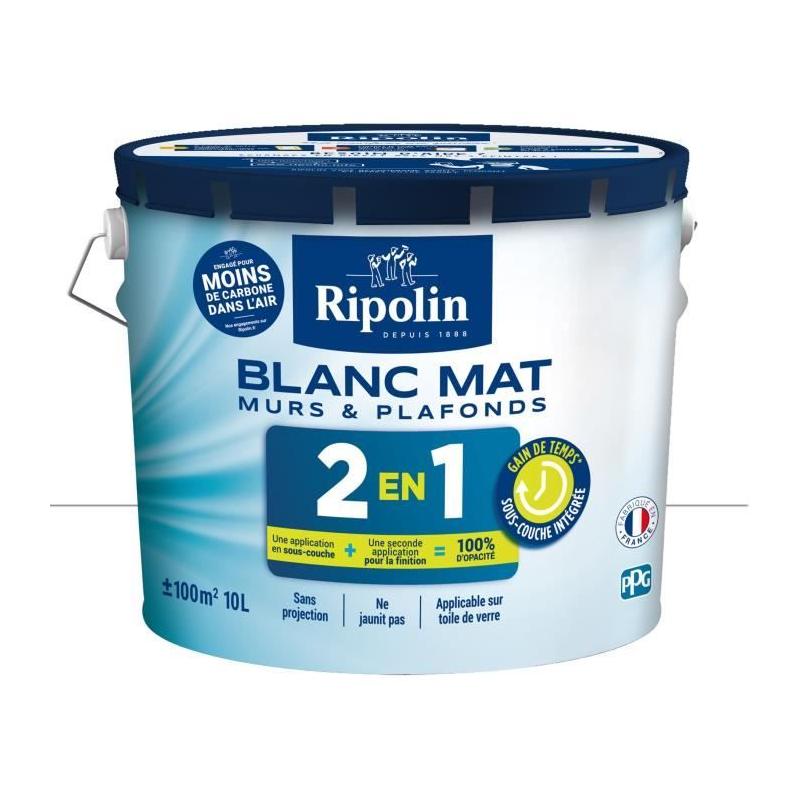 Peinture blanche mate 2en1 pour murs et plafonds - RIPOLIN 10L