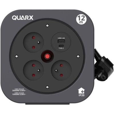 Enrouleur QUARX S-Box: 12m, 3 prises 16A, USB Type A et C