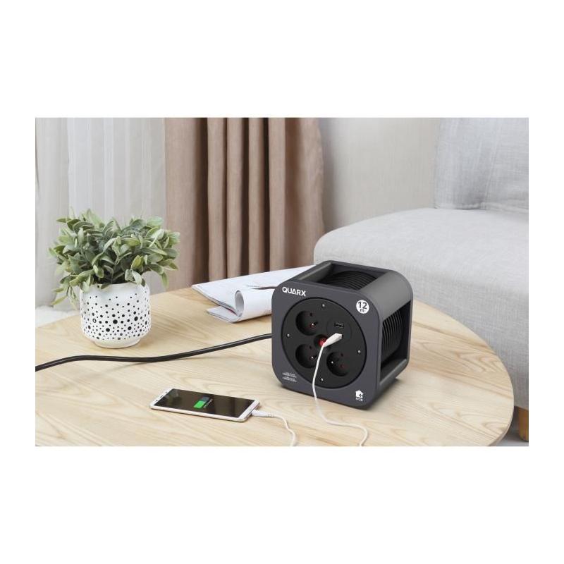 Enrouleur QUARX S-Box: 12m, 3 prises 16A, USB Type A et C