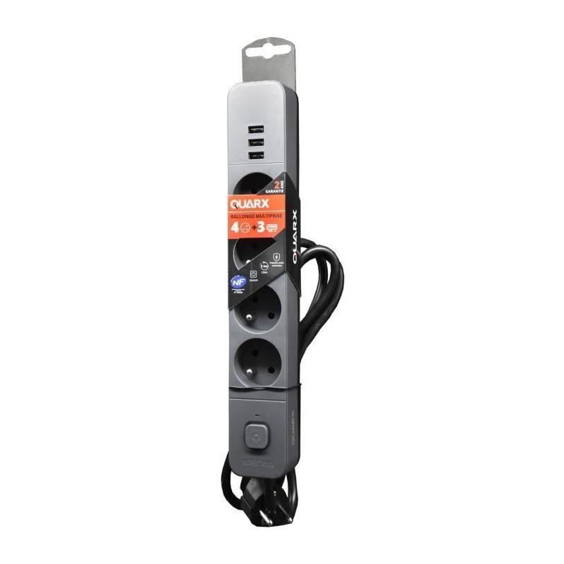 Multiprise QUARX avec 4 prises + 3 ports USB - Câble 3m