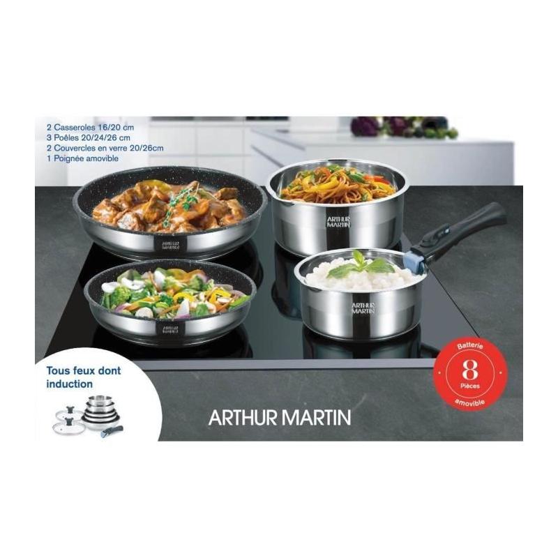 Batterie de cuisine Arthur Martin AM2493 8 pièces - Acier Inoxydable - Poignée amovible • 