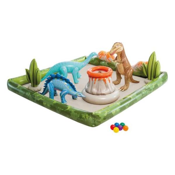 Aire de jeux gonflable - INTEX - Dino Aventure - 410 Litres - 2 ans+ - 201 x 201 x 36 cm - Inclus : 3 dinosaures, 2 cactus, volc
