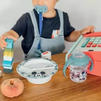 Pack repas Mickey pour bébé - 1 grignoteuse + 1 bol + 1 tasse + couverts