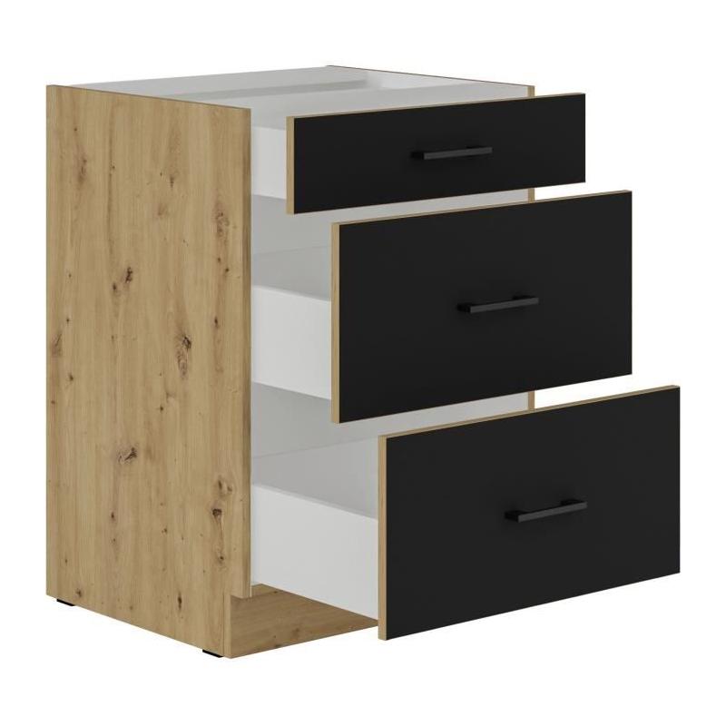 Meuble bas casserolier MODENA - 3 tiroirs - Chene artisan / Noir mat