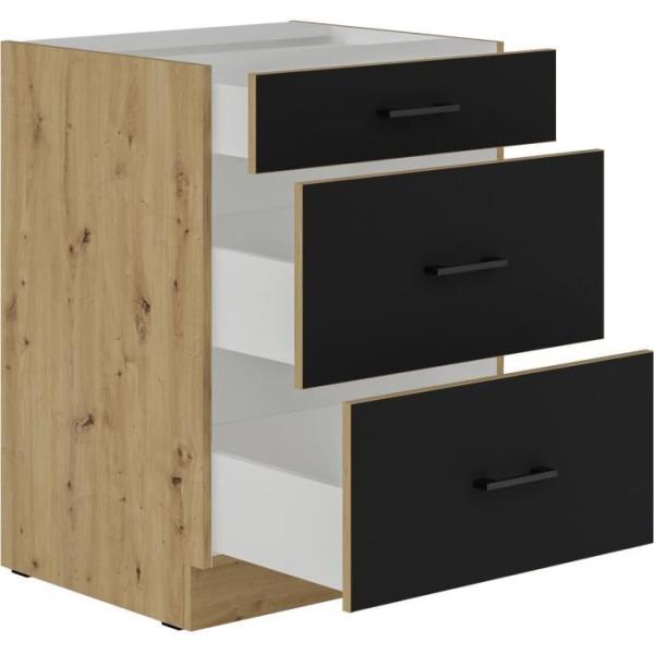 MODENA - Meuble bas casserolier - 3 tiroirs - 60 x 52 x 82 cm - Chene artisan / Noir mat - Plan de travail non inclus