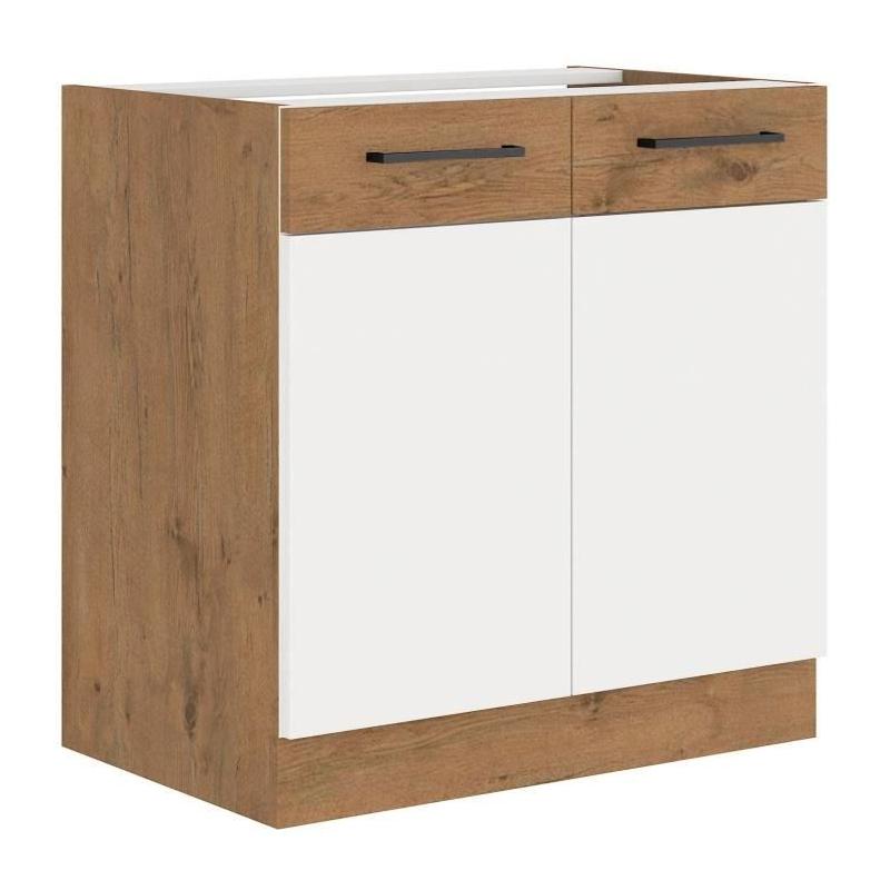 Meuble sous évier 80 cm - Chêne Lancelot et Blanc Brillant
