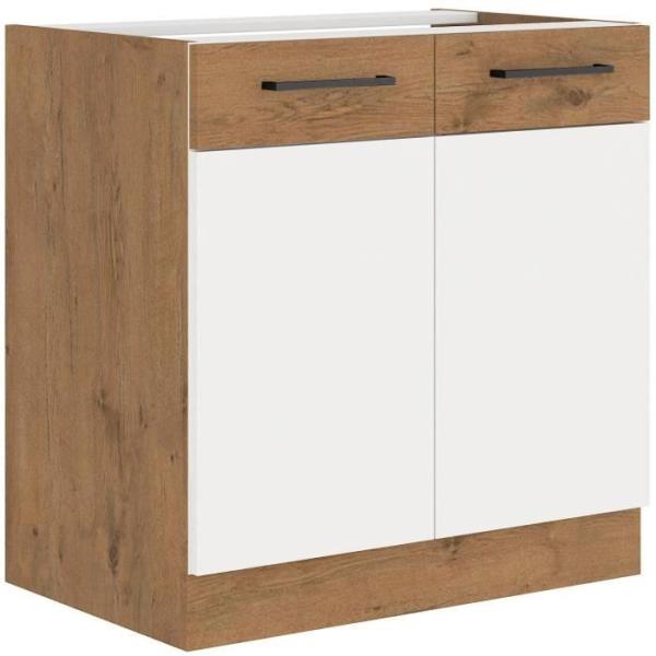 Rock - Meuble sous évier - Mélaminé chene Lancelot et Blanc brillant - 80 cm - 2 portes battantes - Plan de travail non inclu