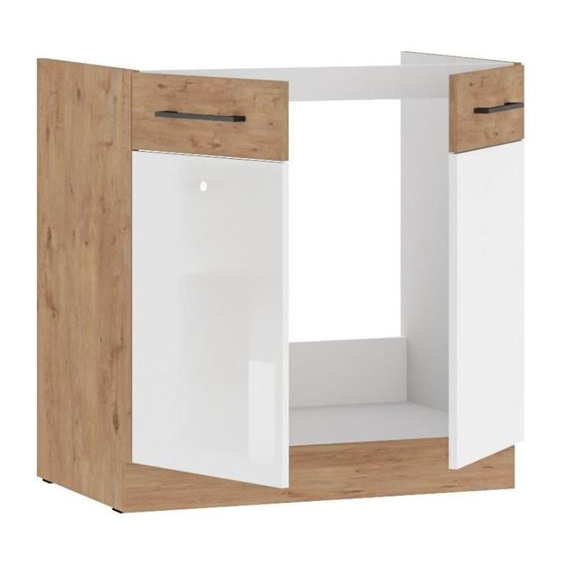 Meuble sous évier 80 cm - Chêne Lancelot et Blanc Brillant