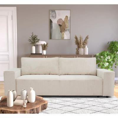 Canapé convertible 3 places JOSH - Velours côtelé beige - Coffre de rangement
