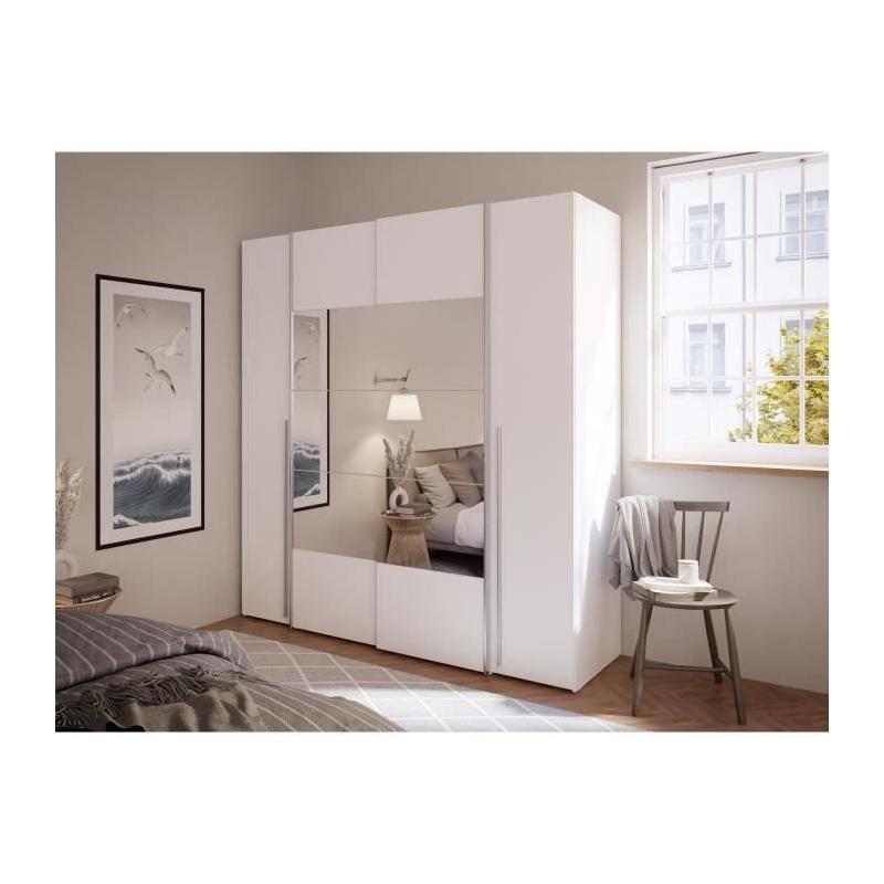 Armoire NARAGO Blanche Mat - 2 portes coulissantes + miroir