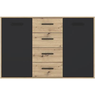 Buffet PILVI contemporain - Chene et noir - 2 portes + 4 tiroirs