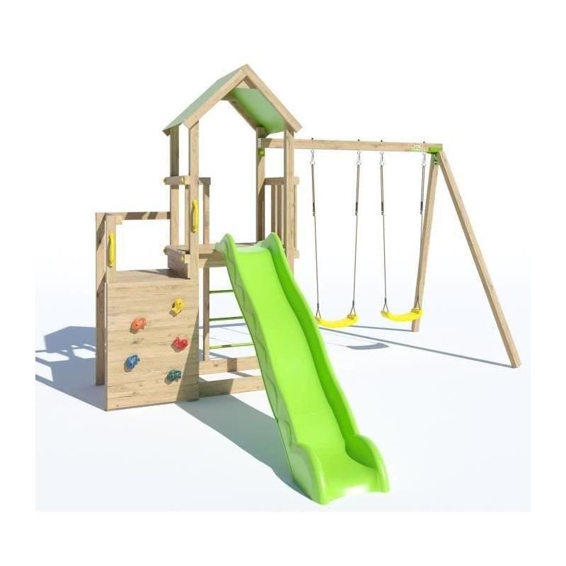 Aire de jeux en bois 2,20 m ULTRA XPERIENCE - TRIGANO JARDIN - Mur d'escalade toboggan et balançoires